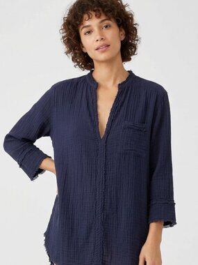 Stark X Navy Cotton Gauze Top Made in USA Raw Hem Relaxed Boho Blouse